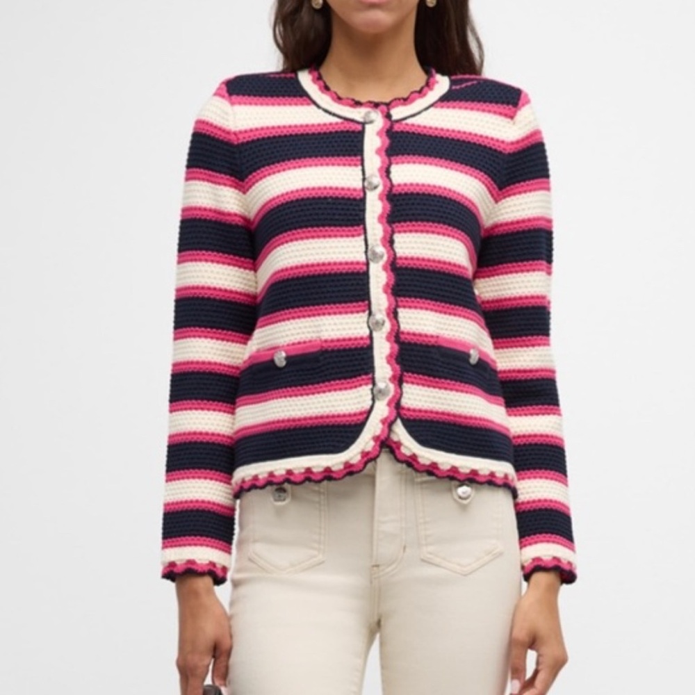 Veronica Beard Pink Navy Cream Striped Cropped Cardigan